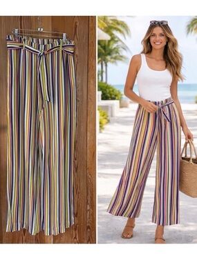Soft Surroundings Palisades Wide Leg Rainbow Stripe Belted Flowy Pants Sz M